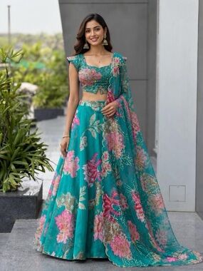 New Women’s Designer Teal Floral Lehenga Set & Purse Bollywood Style Medium